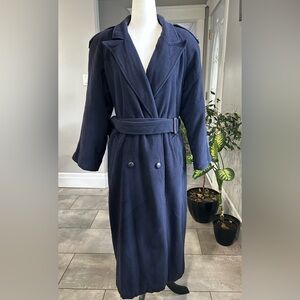 Elegant Navy Blue Belted Coat wool and cashmere, made in Canada